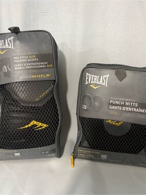 Everlast Black and Yellow Boxing Gloves & Punch Mitts Set 12oz New!